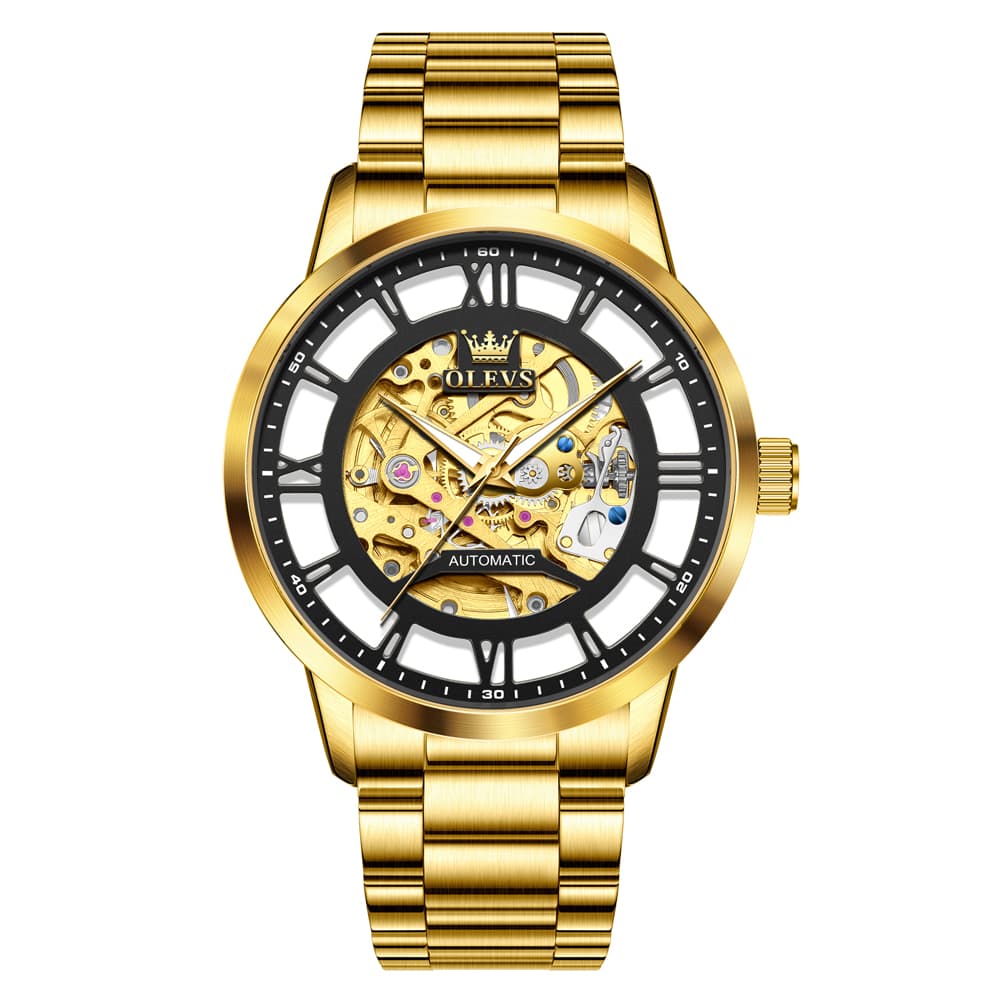 OLEVS 6728 Automatic Skeleton Mechanical Watch For Men - All Gold Watch | Olevs Watch Store