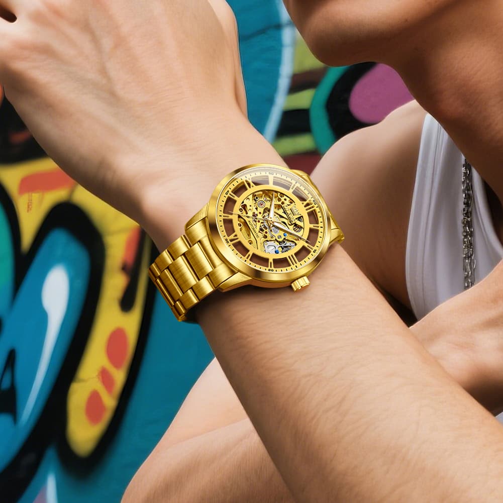 OLEVS 6728 Automatic Skeleton Mechanical Watch For Men - All Gold Watch | Olevs Watch Store