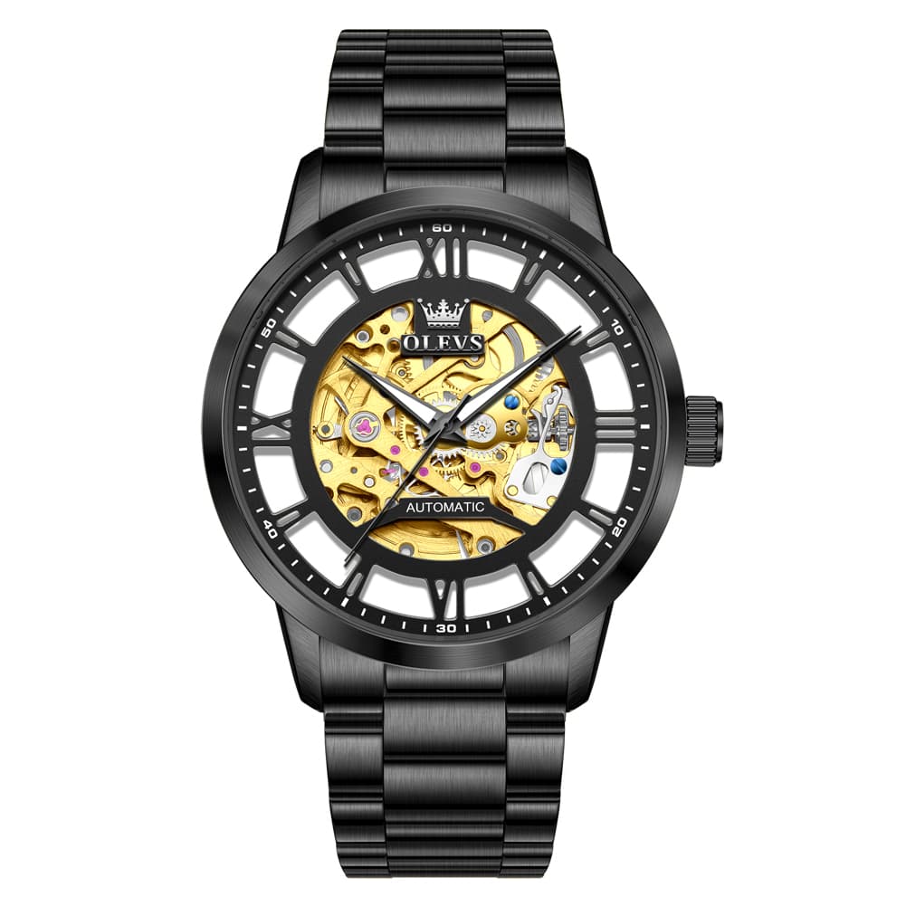 OLEVS 6728 Automatic Skeleton Mechanical Watch For Men - All Gold Watch | Olevs Watch Store