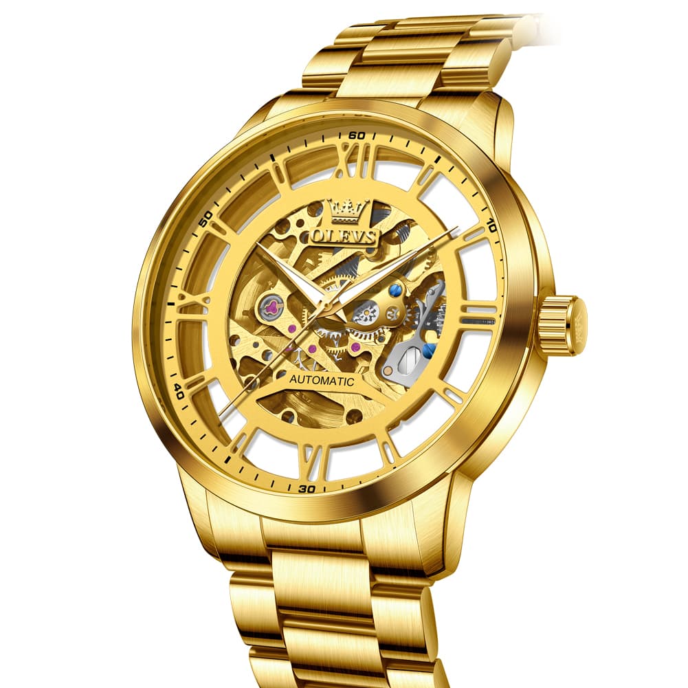OLEVS 6728 Automatic Skeleton Mechanical Watch For Men - All Gold Watch | Olevs Watch Store