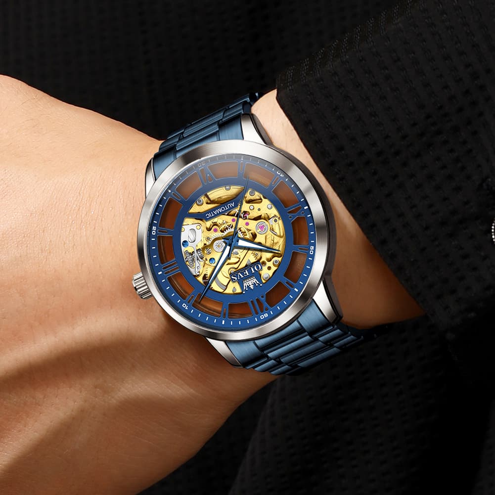 OLEVS 6728 Automatic Skeleton Mechanical Watch For Men - All Gold Watch | Olevs Watch Store