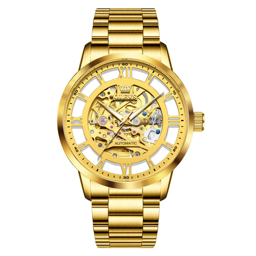 OLEVS 6728 Automatic Skeleton Mechanical Watch For Men - All Gold Watch | Olevs Watch Store