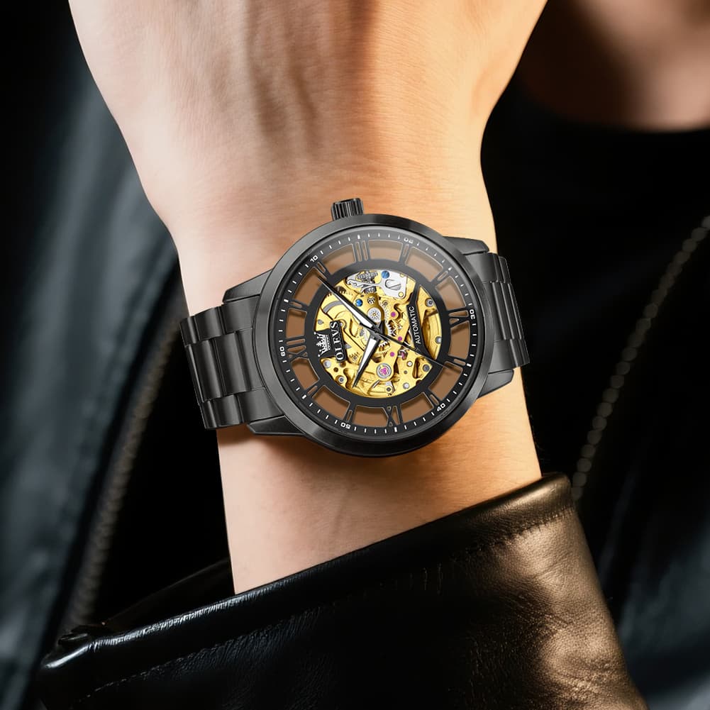 OLEVS 6728 Automatic Skeleton Mechanical Watch For Men - All Gold Watch | Olevs Watch Store
