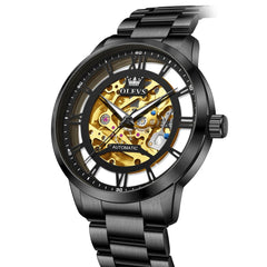 OLEVS 6728 Automatic Skeleton Mechanical Watch For Men - Black Gold Watch | Olevs Watch Store