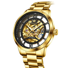 OLEVS 6728 Automatic Skeleton Mechanical Watch For Men - Gold Black Watch | Olevs Watch Store