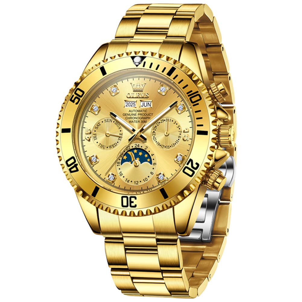 OLEVS 6729 Automatic Moon Phase Mechanical Watch For Men - All Gold Watch | Olevs Watch Store