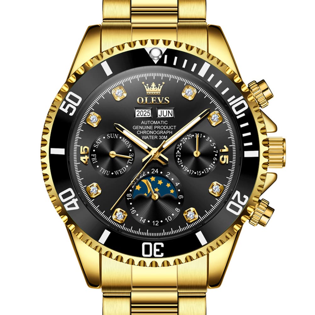 OLEVS 6729 Automatic Moon Phase Mechanical Watch For Men - Gold Black Watch | Olevs Watch Store