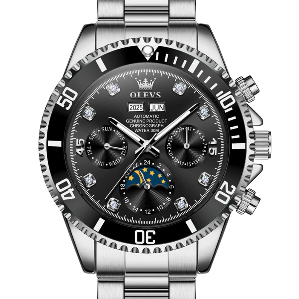 OLEVS 6729 Automatic Moon Phase Mechanical Watch For Men - Silver Black Watch | Olevs Watch Store