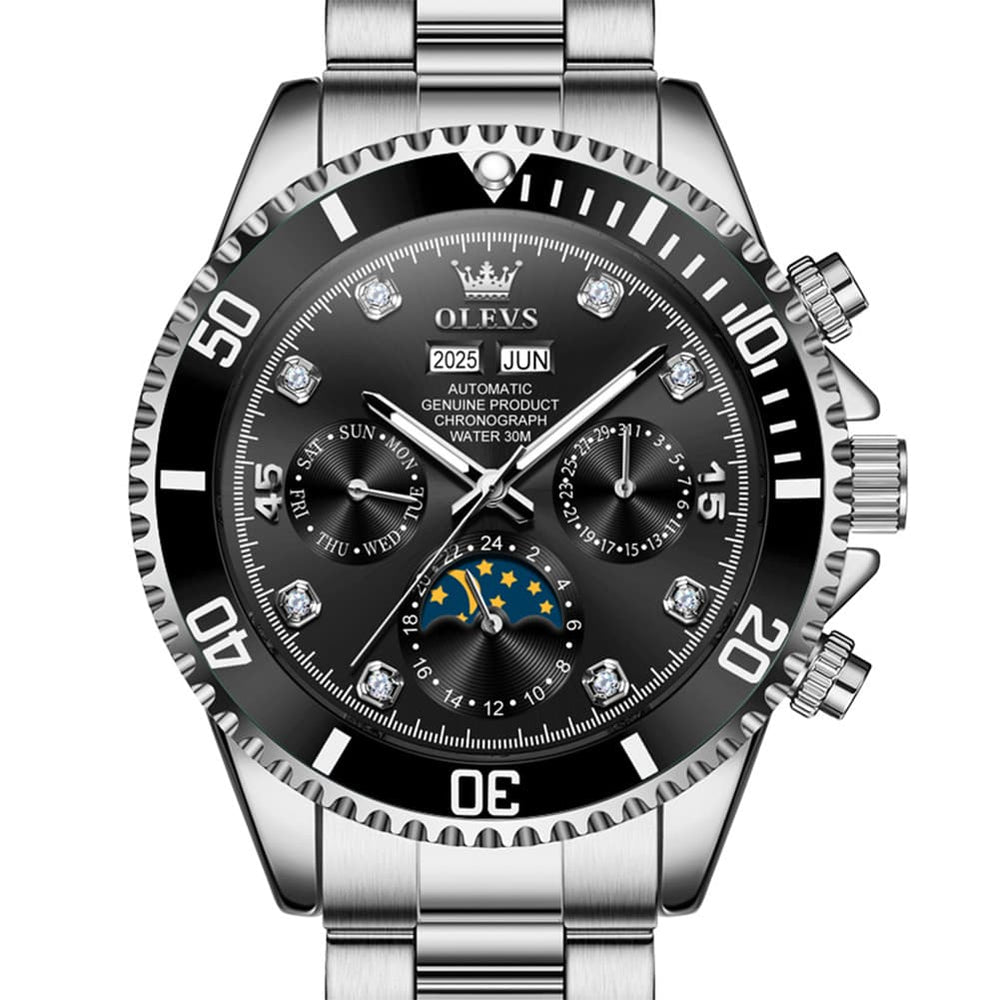 OLEVS 6729 Automatic Moon Phase Mechanical Watch For Men - Silver Black Watch | Olevs Watch Store