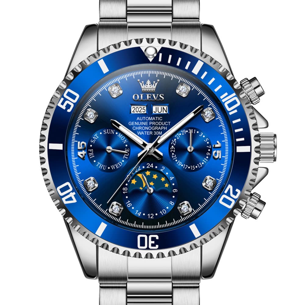 OLEVS 6729 Automatic Moon Phase Mechanical Watch For Men - Silver Blue Watch | Olevs Watch Store