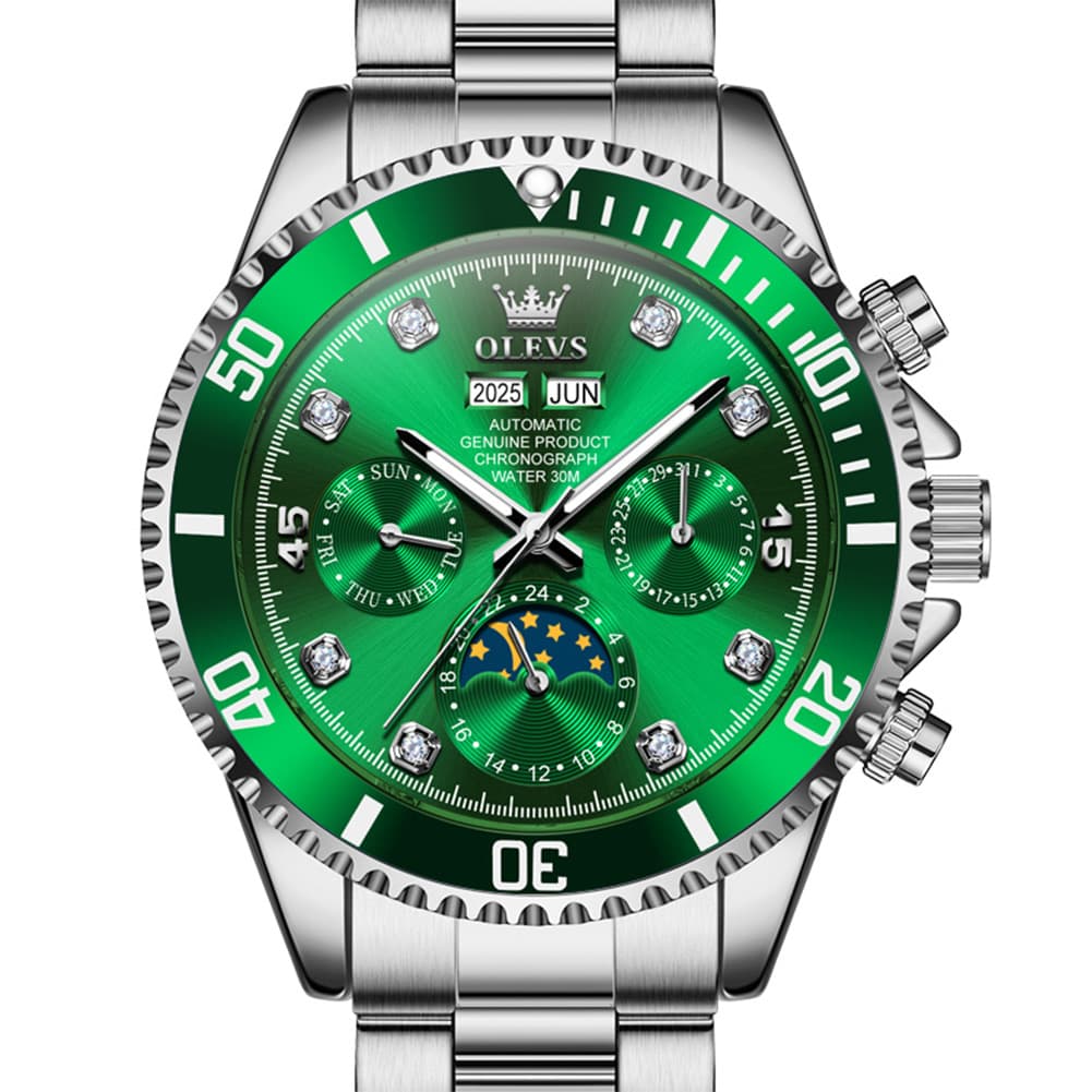 OLEVS 6729 Automatic Moon Phase Mechanical Watch For Men - Silver Green Watch | Olevs Watch Store