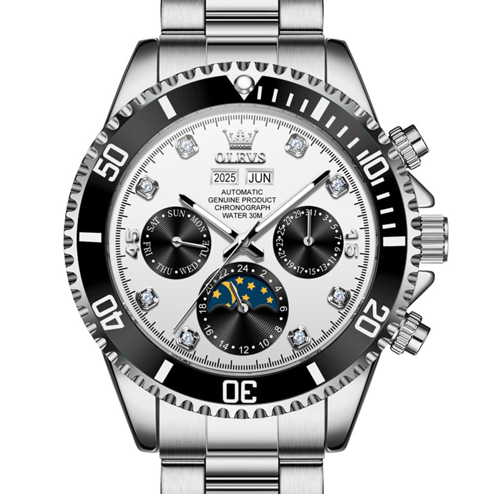OLEVS 6729 Automatic Moon Phase Mechanical Watch For Men - Silver White Watch | Olevs Watch Store