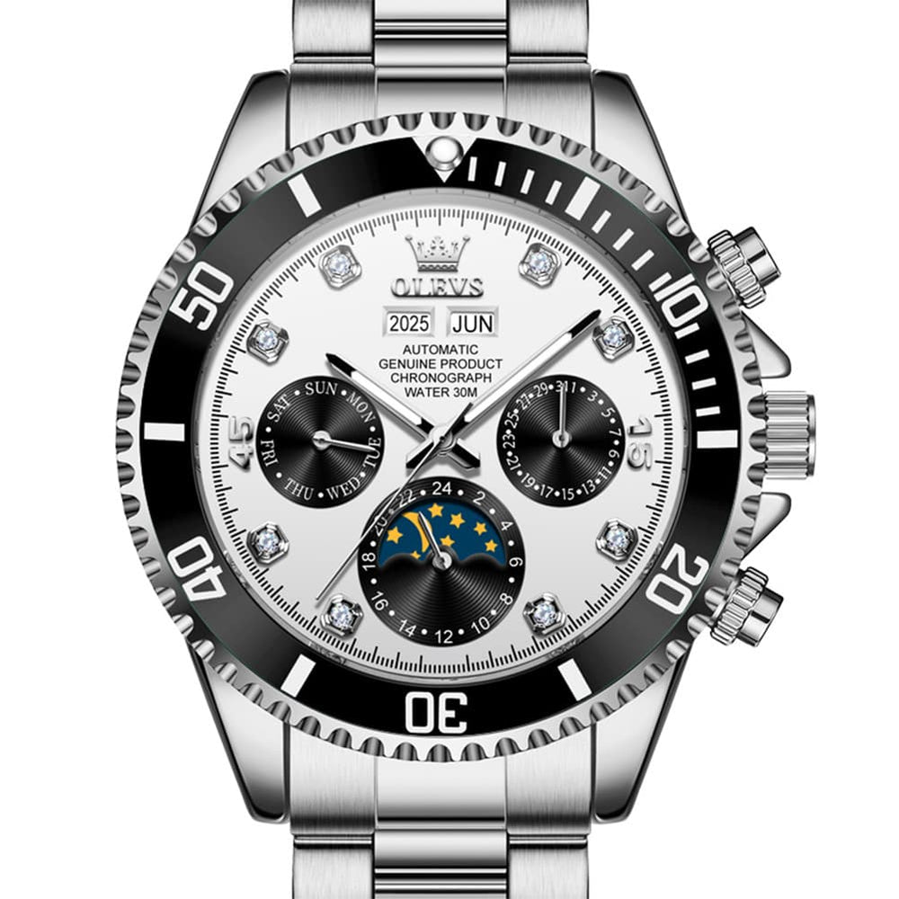 OLEVS 6729 Automatic Moon Phase Mechanical Watch For Men - Silver White Watch | Olevs Watch Store