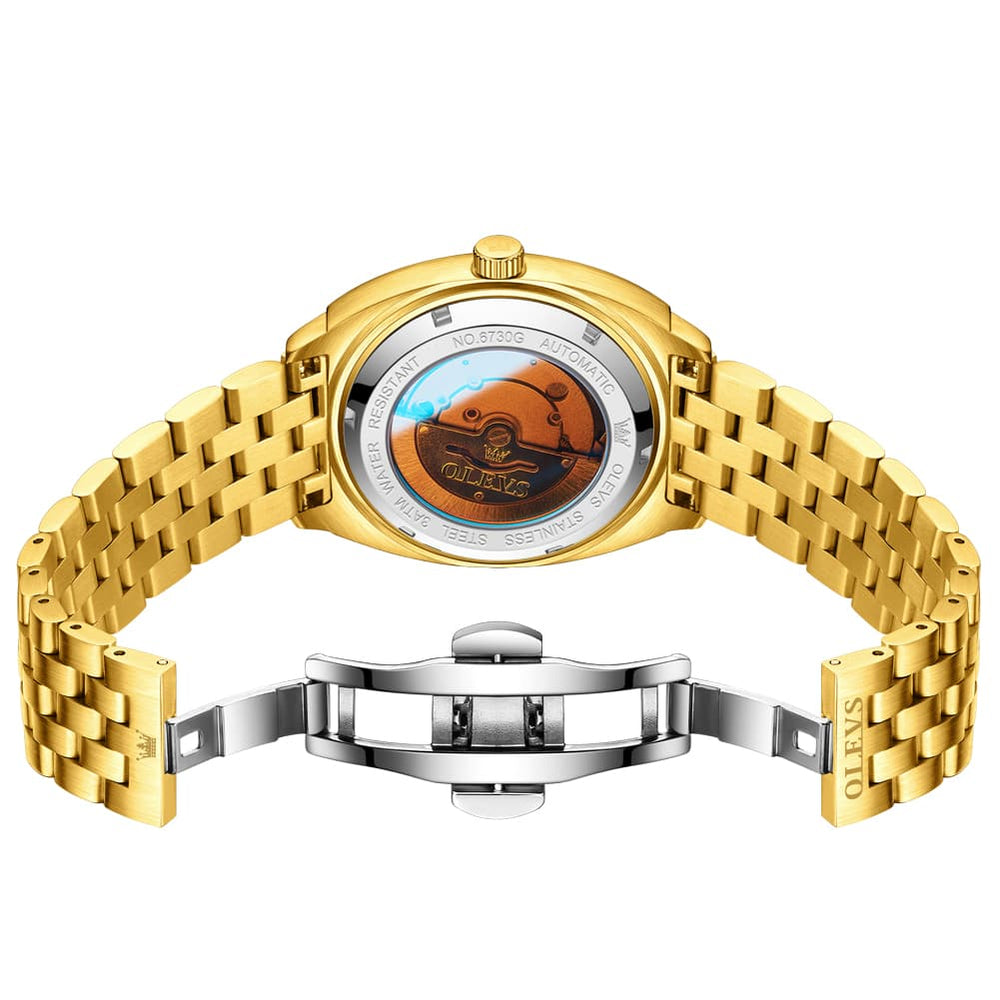 OLEVS 6730 Automatic Tonneau Mechanical Watch For Men - All Gold Watch | Olevs Watch Store