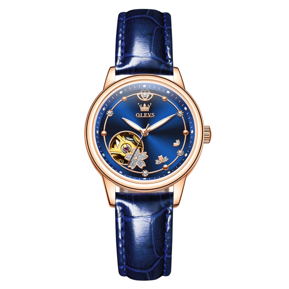 OLEVS 6732 Automatic Open Heart Diamond Watch For Women - Leather Blue Watch | Olevs Watch Store