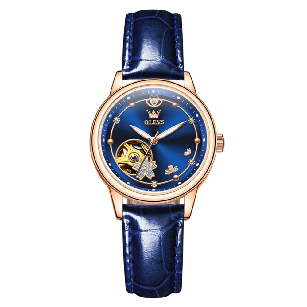 OLEVS 6732 Automatic Open Heart Diamond Watch For Women - Leather Blue Watch | Olevs Watch Store