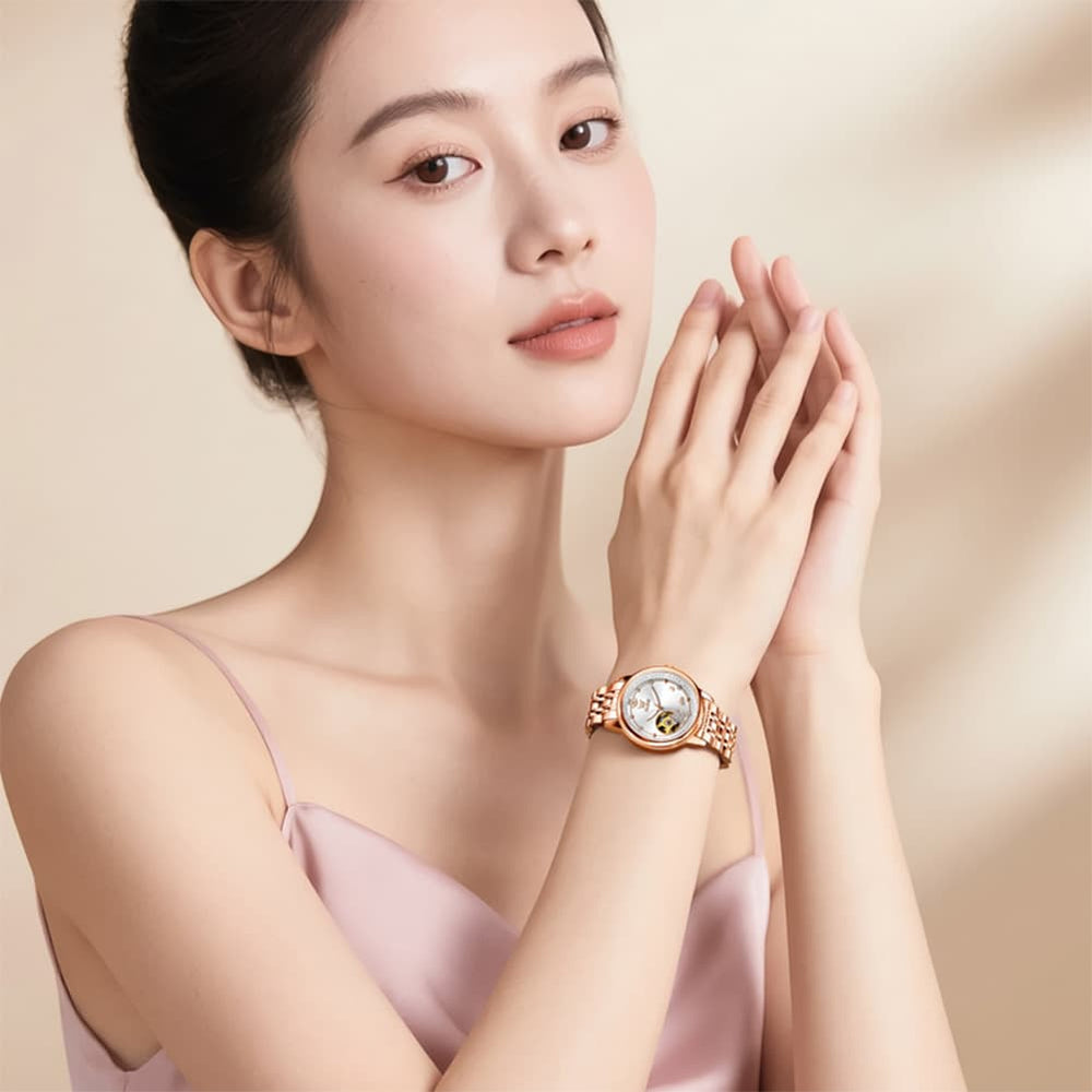 OLEVS 6732 Automatic Open Heart Diamond Watch For Women - Leather Blue Watch | Olevs Watch Store