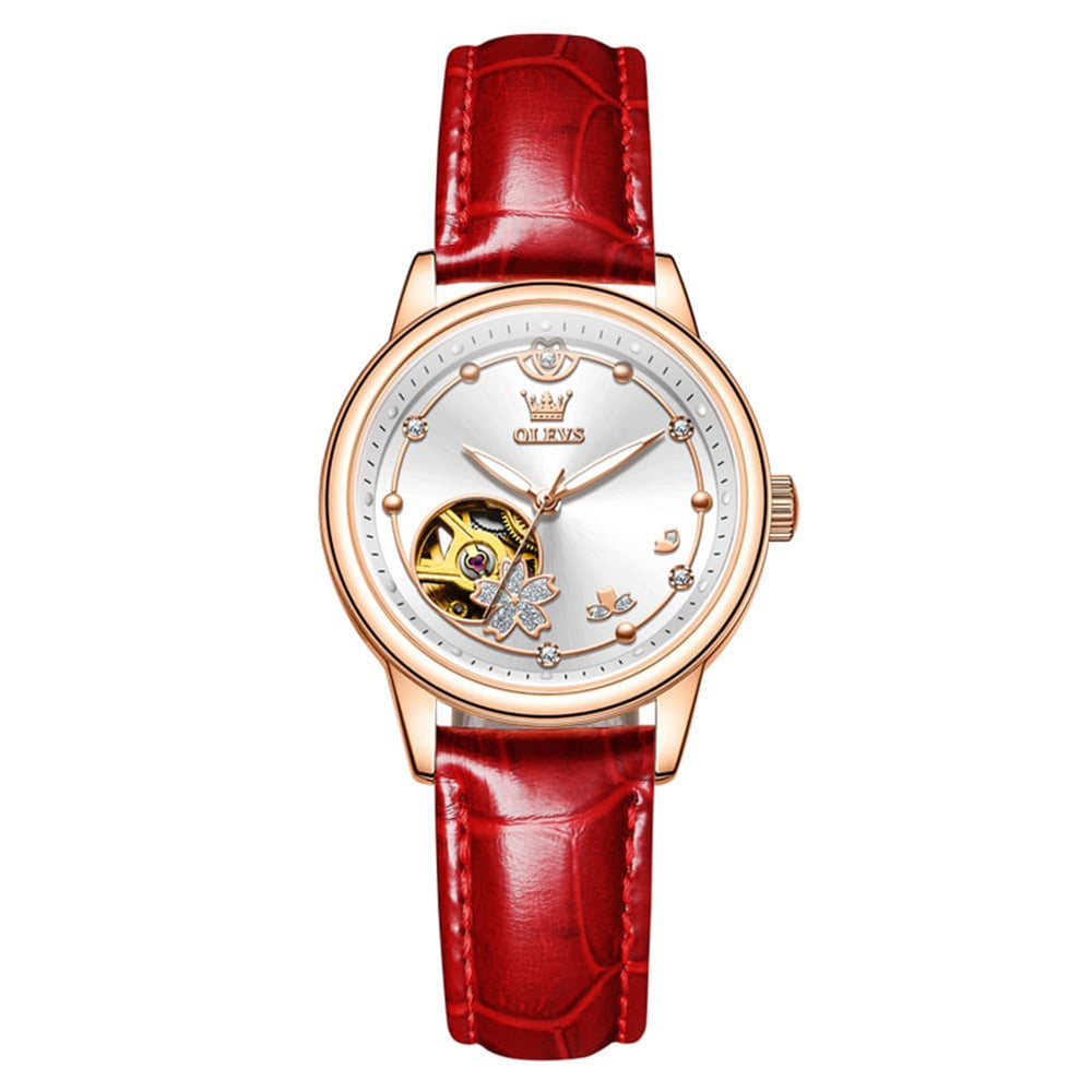 OLEVS 6732 Automatic Open Heart Diamond Watch For Women - Leather Blue Watch | Olevs Watch Store
