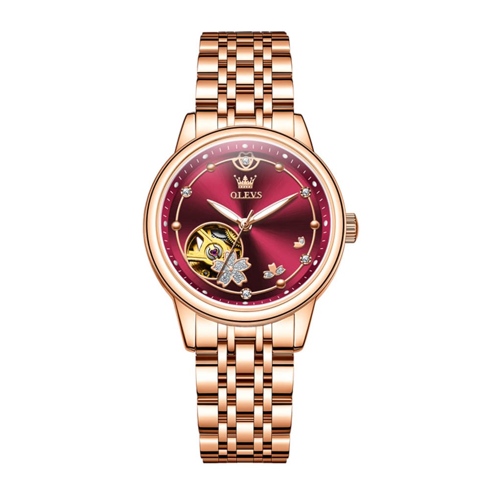 OLEVS 6732 Automatic Open Heart Diamond Watch For Women - Leather Blue Watch | Olevs Watch Store