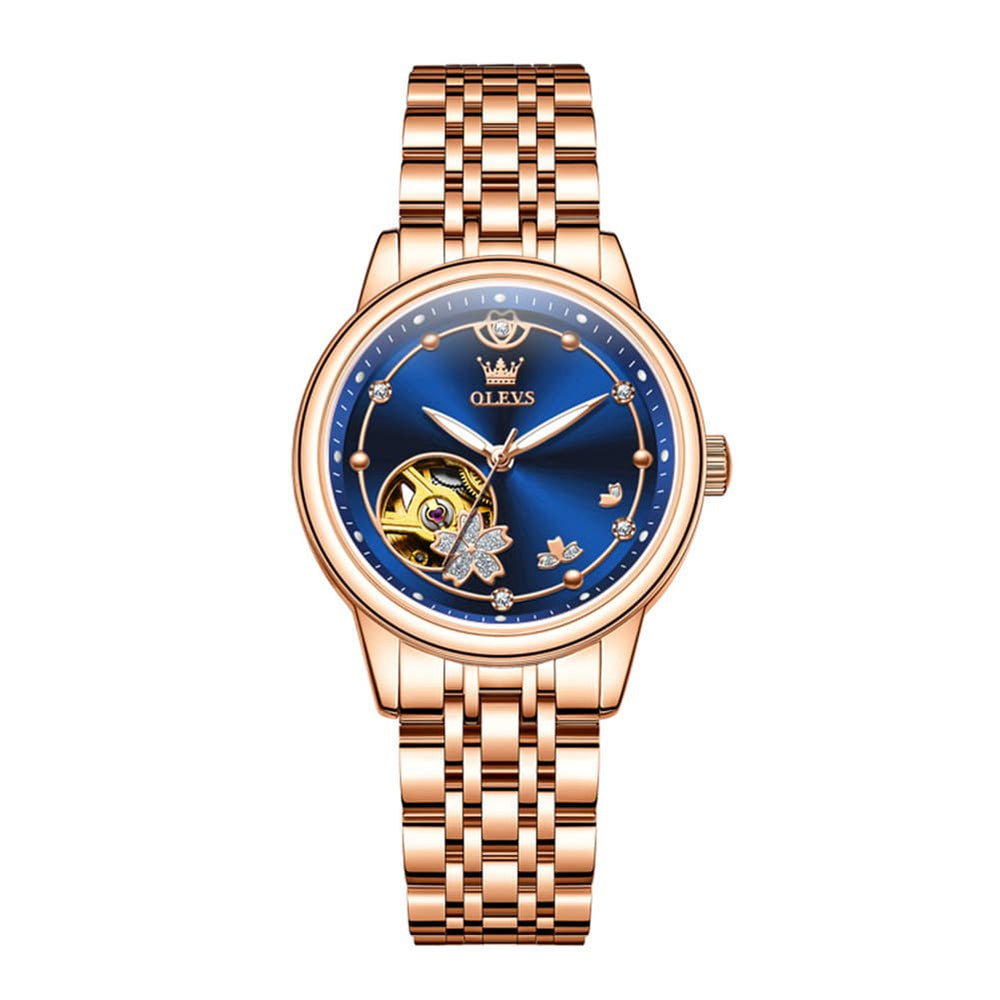 OLEVS 6732 Automatic Open Heart Diamond Watch For Women - Leather Blue Watch | Olevs Watch Store