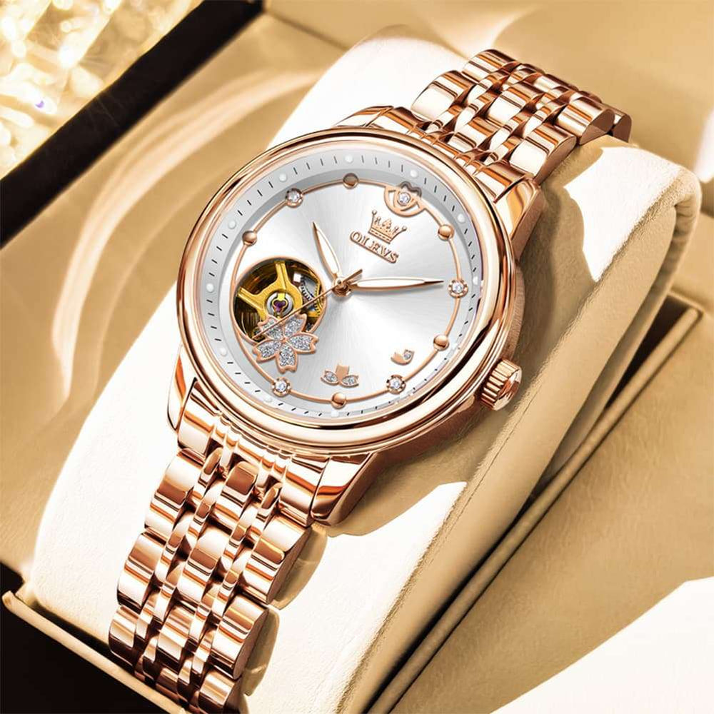 OLEVS 6732 Automatic Open Heart Diamond Watch For Women