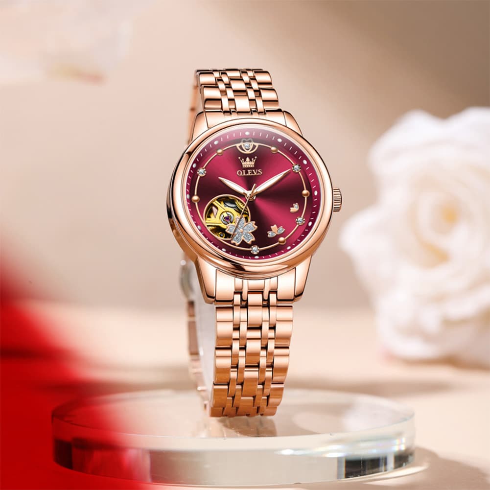 OLEVS 6732 Automatic Open Heart Diamond Watch For Women - Leather Blue Watch | Olevs Watch Store