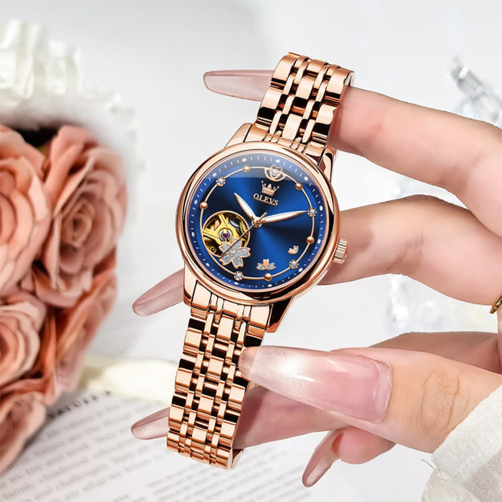 OLEVS 6732 Automatic Open Heart Diamond Watch For Women - Leather Blue Watch | Olevs Watch Store