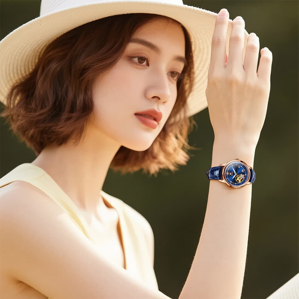 OLEVS 6732 Automatic Open Heart Diamond Watch For Women - Leather Blue Watch | Olevs Watch Store