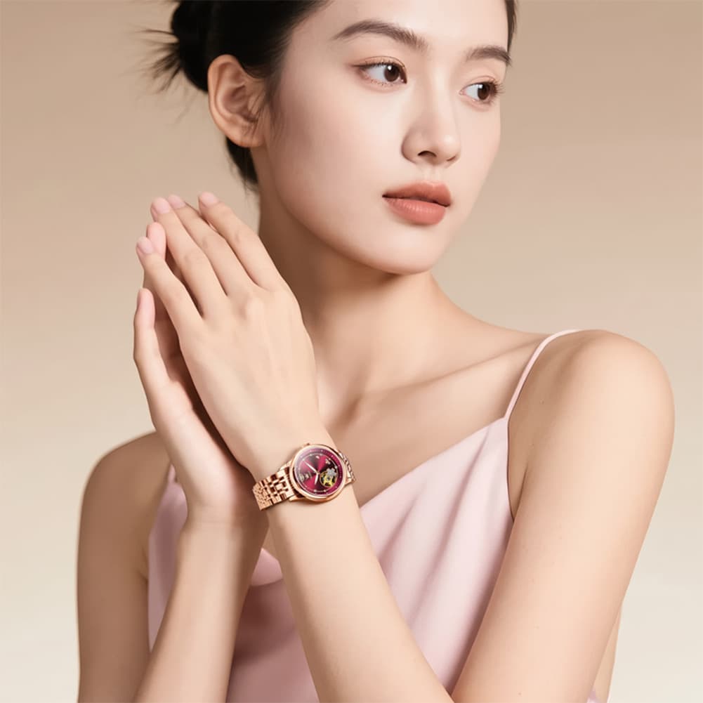 OLEVS 6732 Automatic Open Heart Diamond Watch For Women - Leather Blue Watch | Olevs Watch Store