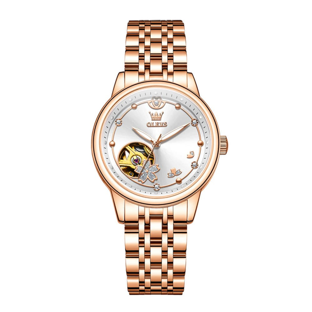 OLEVS 6732 Automatic Open Heart Diamond Watch For Women - Leather Blue Watch | Olevs Watch Store
