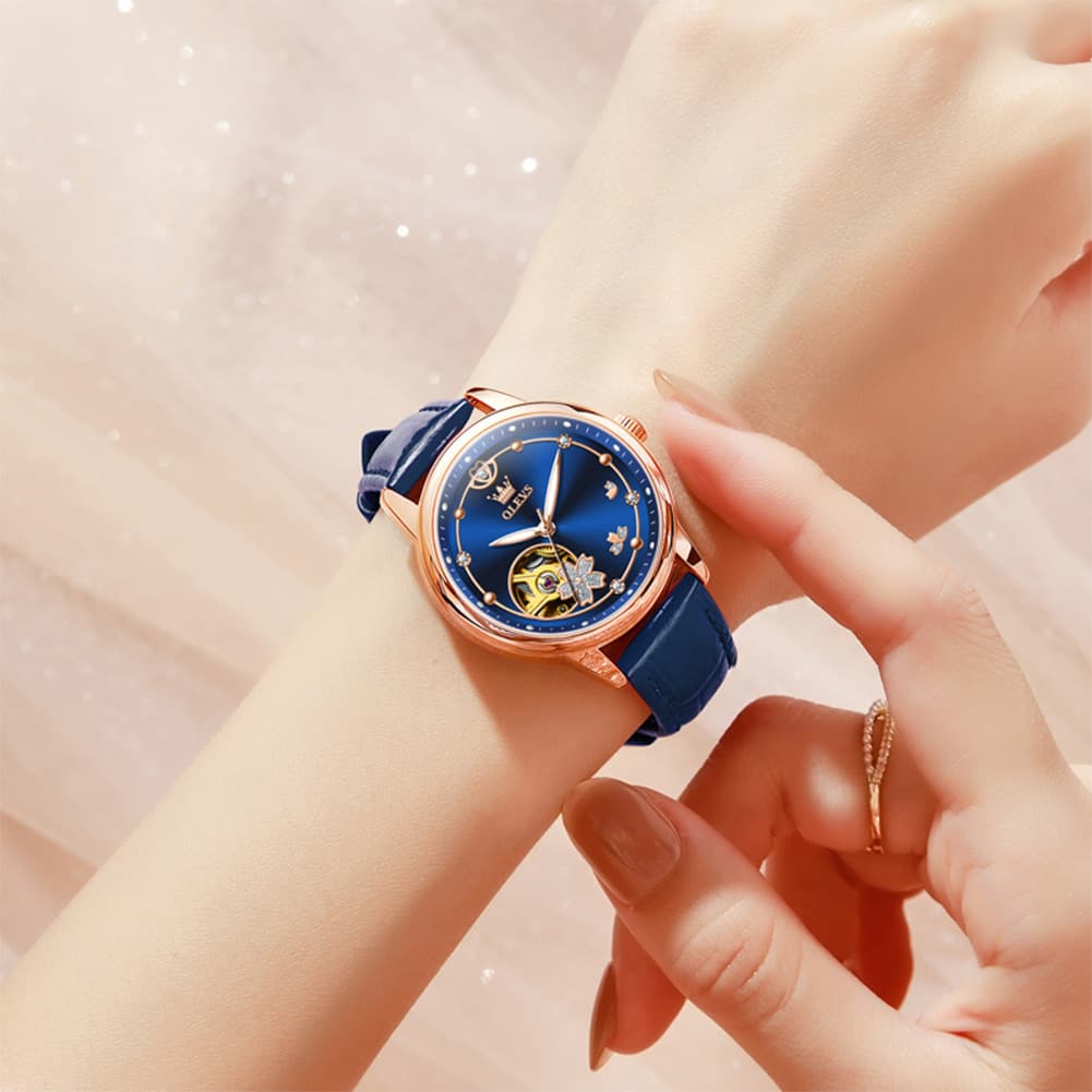 OLEVS 6732 Automatic Open Heart Diamond Watch For Women - Leather Blue Watch | Olevs Watch Store