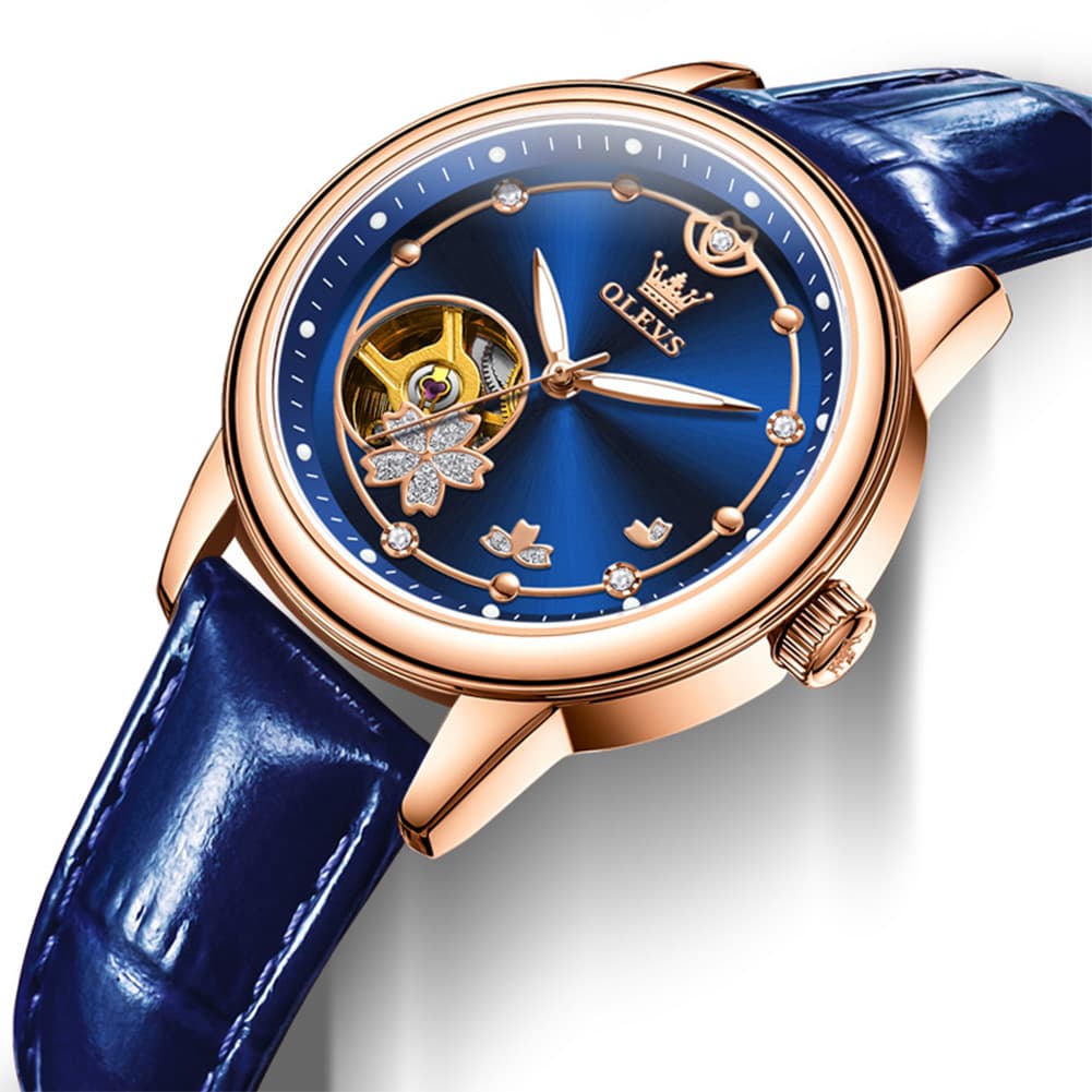 OLEVS 6732 Automatic Open Heart Diamond Watch For Women - Leather Blue Watch | Olevs Watch Store