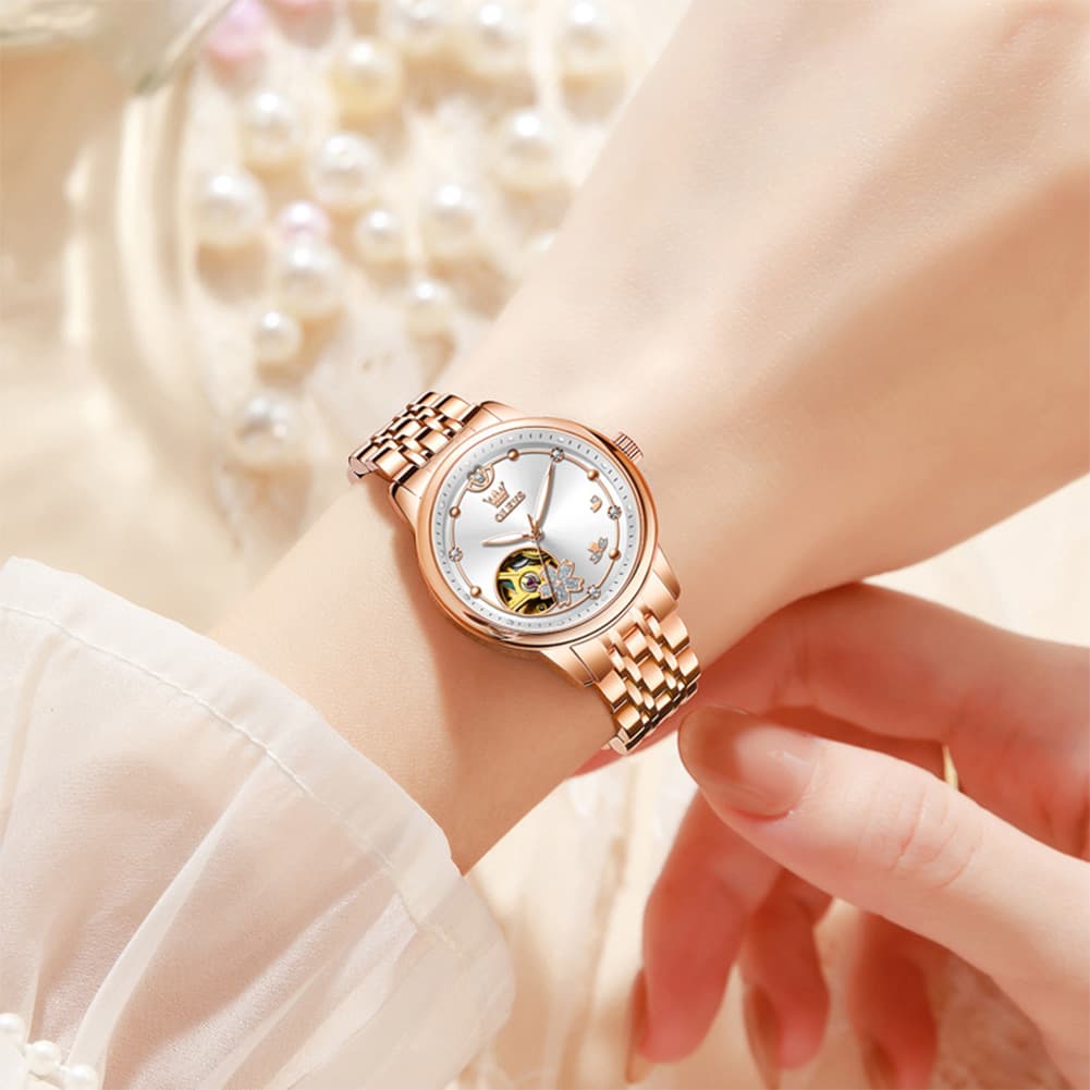 OLEVS 6732 Automatic Open Heart Diamond Watch For Women - Leather Blue Watch | Olevs Watch Store
