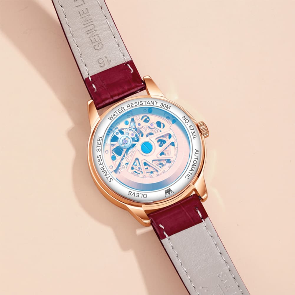 OLEVS 6732 Automatic Open Heart Diamond Watch For Women - Leather Blue Watch | Olevs Watch Store