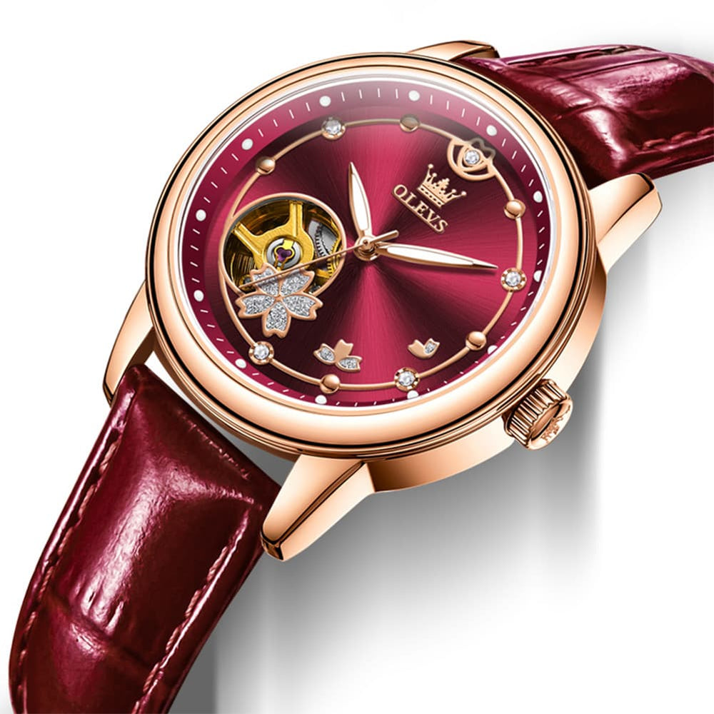 OLEVS 6732 Automatic Open Heart Diamond Watch For Women - Leather Burgundy Watch | Olevs Watch Store