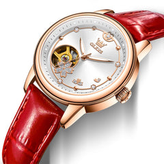 OLEVS 6732 Automatic Open Heart Diamond Watch For Women - Leather White Watch | Olevs Watch Store