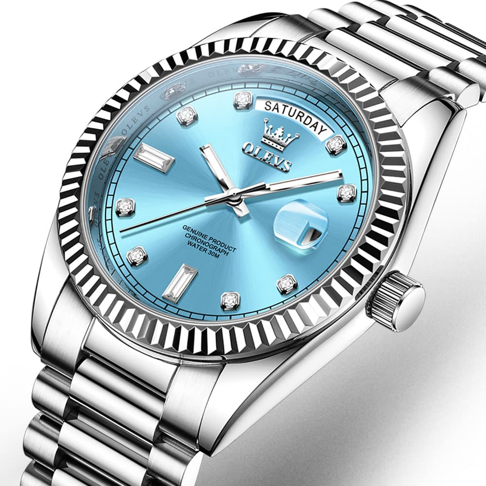 OLEVS 6736 Fluted Bezel Mechanical Watch for Men - Silver Blue Watch | Olevs Watch Store