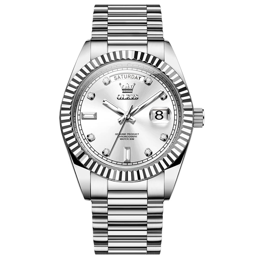 OLEVS 6736 Fluted Bezel Mechanical Watch for Men - Silver White Watch | Olevs Watch Store