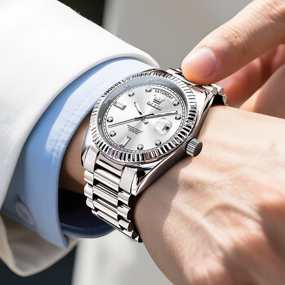 OLEVS 6736 Fluted Bezel Mechanical Watch for Men - Silver White Watch | Olevs Watch Store