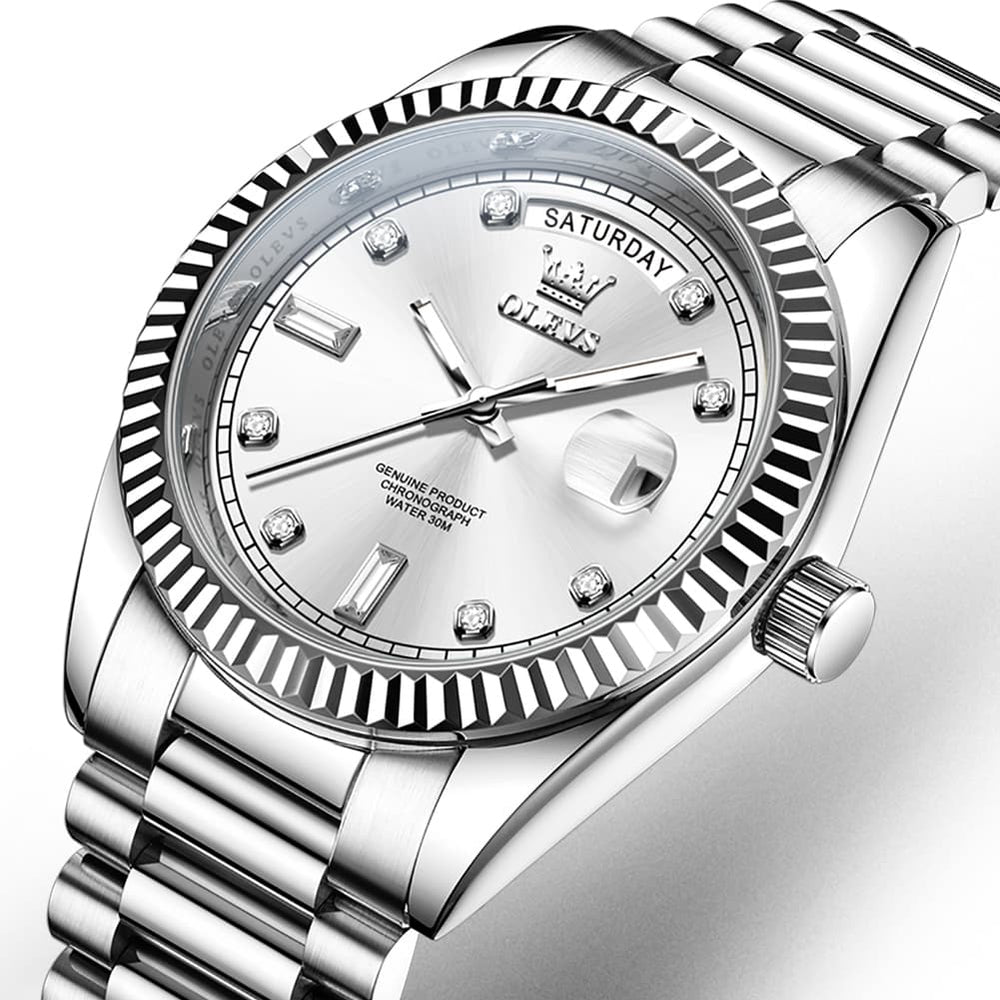 OLEVS 6736 Fluted Bezel Mechanical Watch for Men - Silver White Watch | Olevs Watch Store