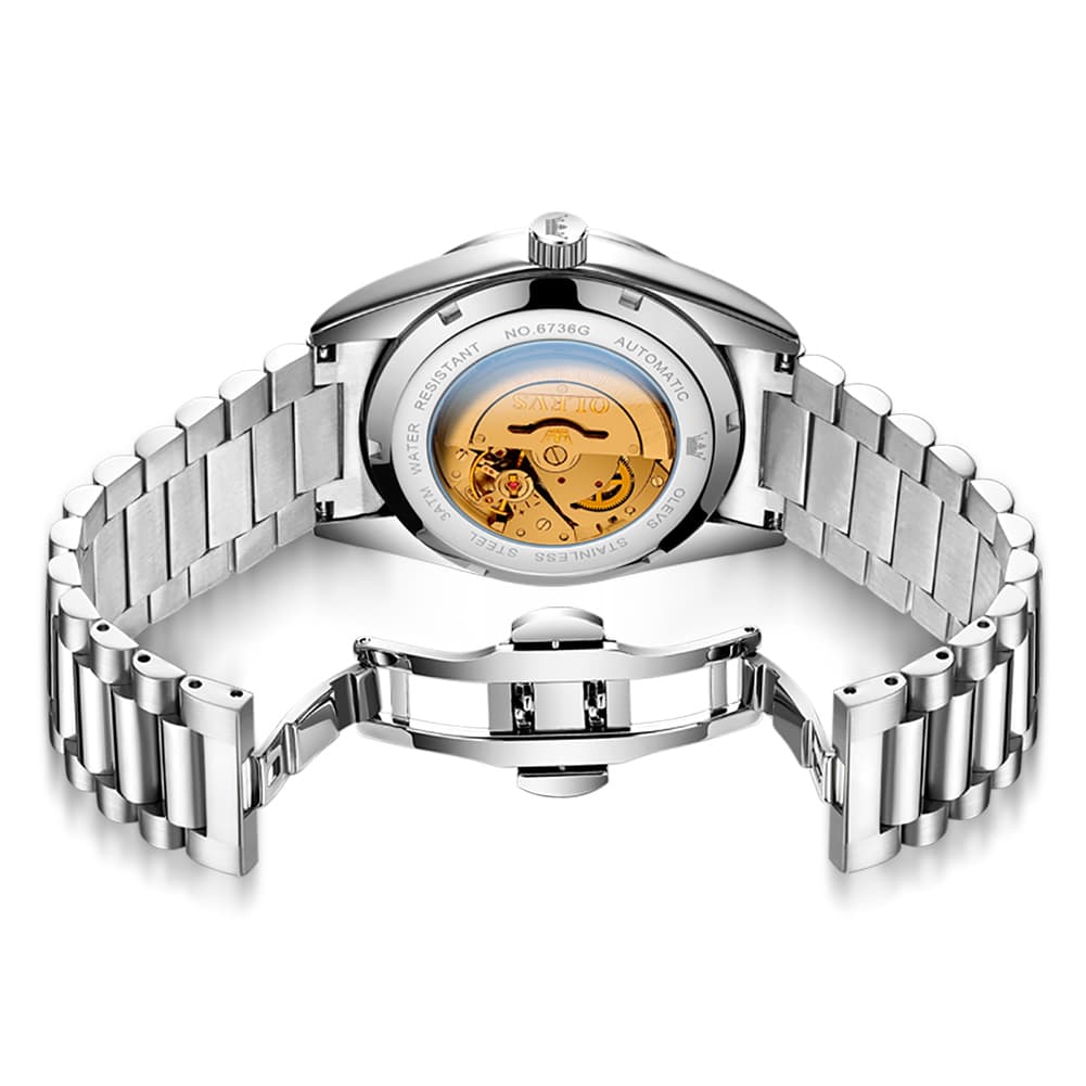 OLEVS 6736 Fluted Bezel Mechanical Watch for Men - Silver White Watch | Olevs Watch Store