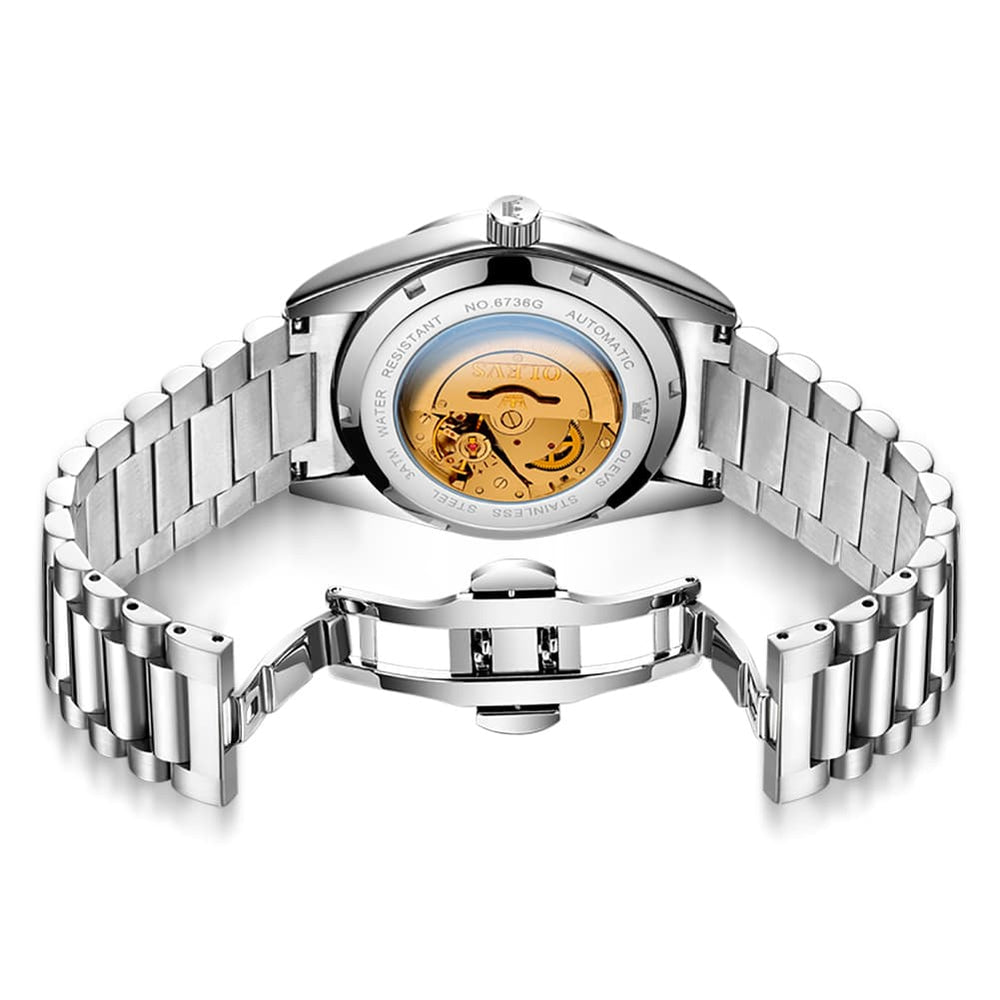 OLEVS 6736 Fluted Bezel Mechanical Watch for Men - Silver White Watch | Olevs Watch Store