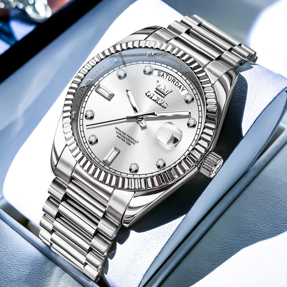 OLEVS 6736 Fluted Bezel Mechanical Watch for Men - Silver White Watch | Olevs Watch Store