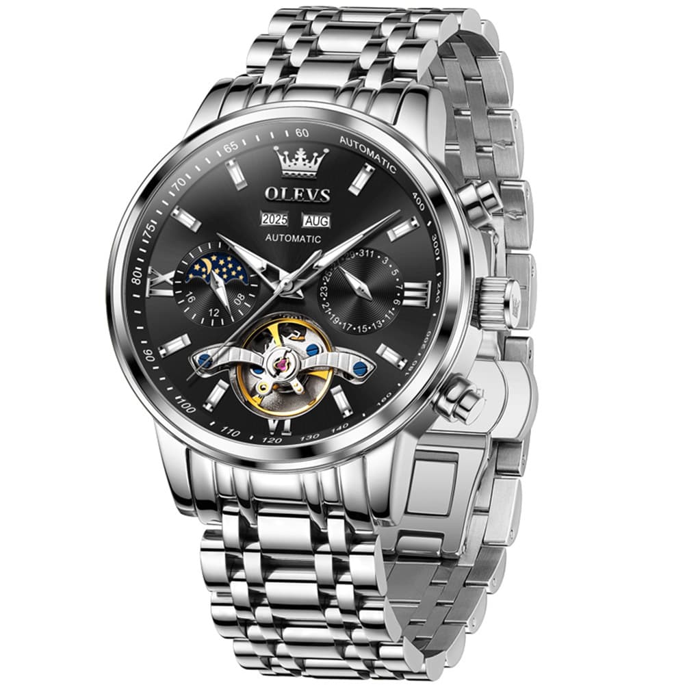 OLEVS 6740 Skeleton Flywheel Mechanical Watch for Men - Silver Black Watch | Olevs Watch Store