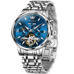 OLEVS 6740 Skeleton Flywheel Mechanical Watch for Men - Silver Blue Watch | Olevs Watch Store