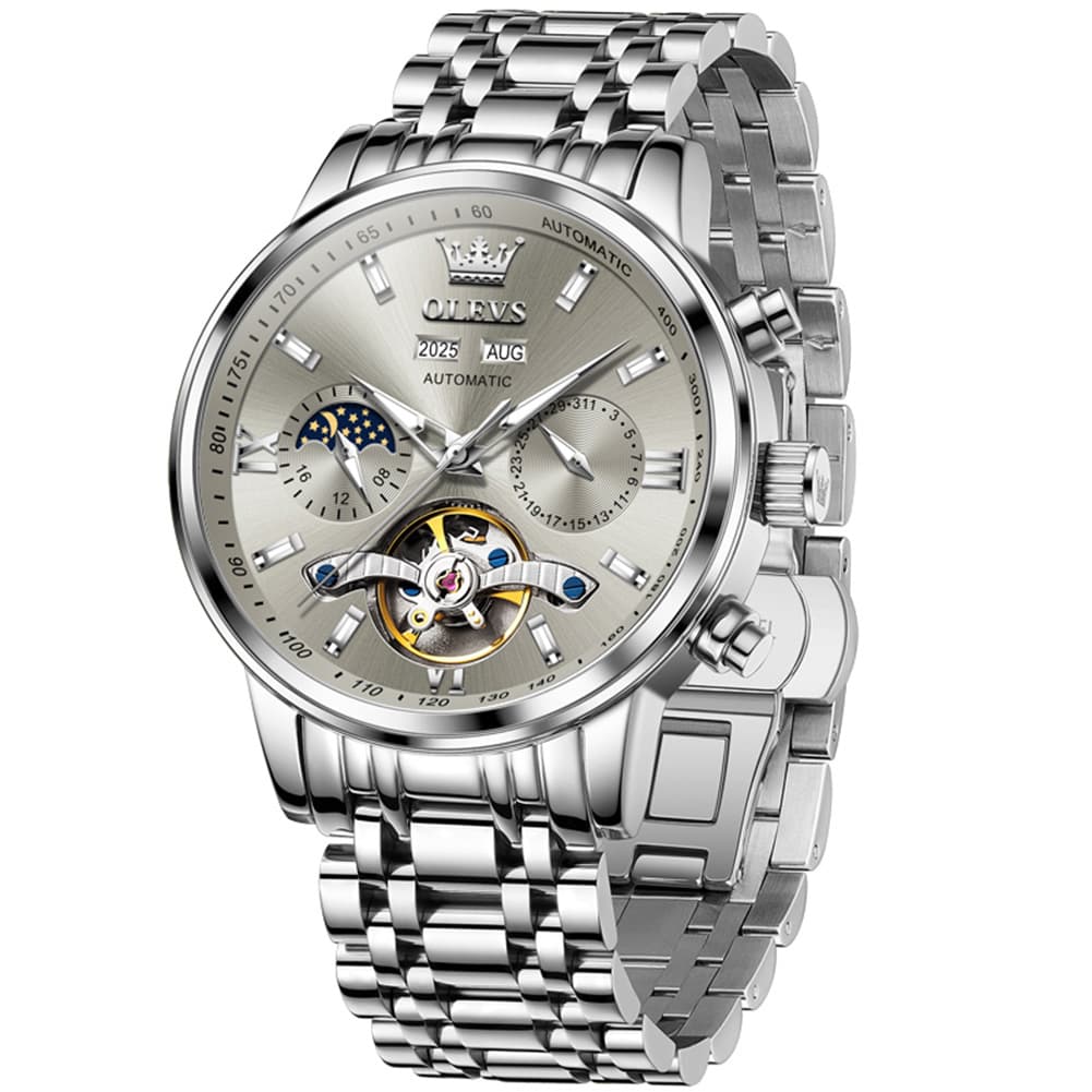 OLEVS 6740 Skeleton Flywheel Mechanical Watch for Men - Silver Grey Watch | Olevs Watch Store