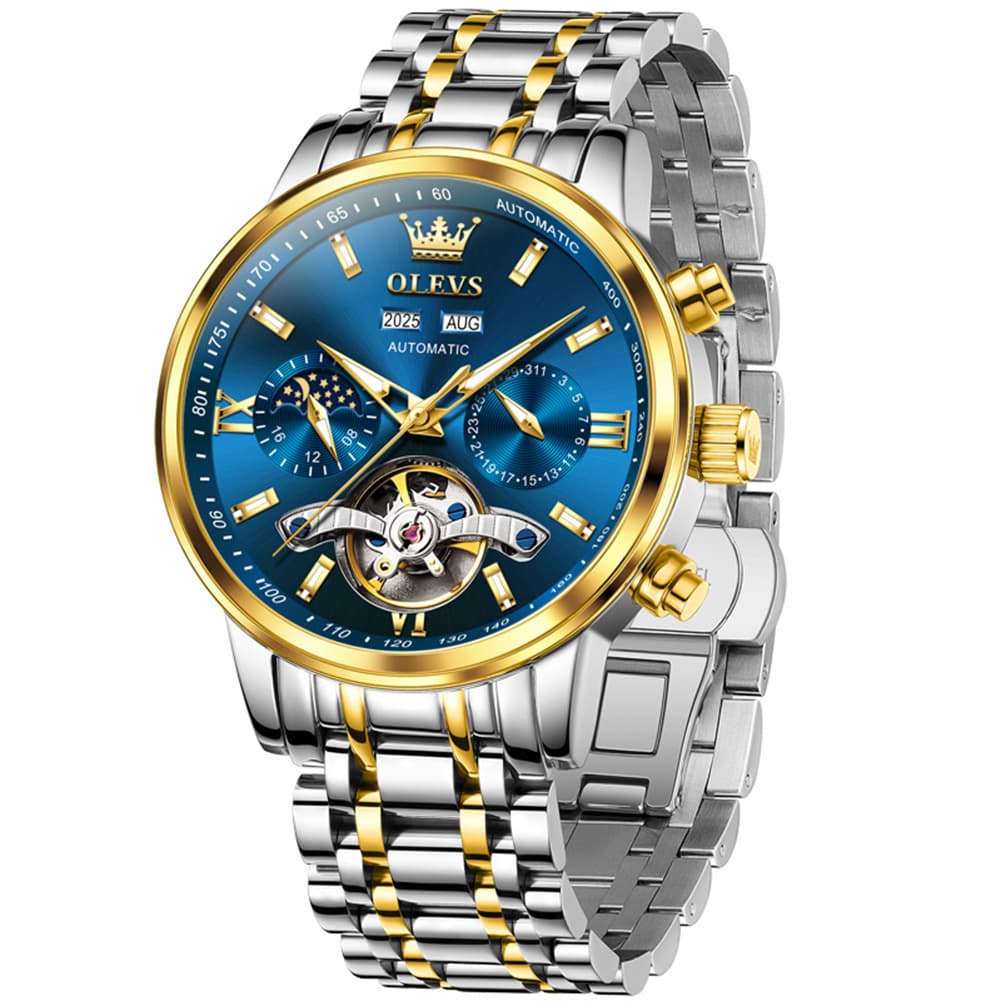 OLEVS 6740 Skeleton Flywheel Mechanical Watch for Men - Two Tone Blue Watch | Olevs Watch Store