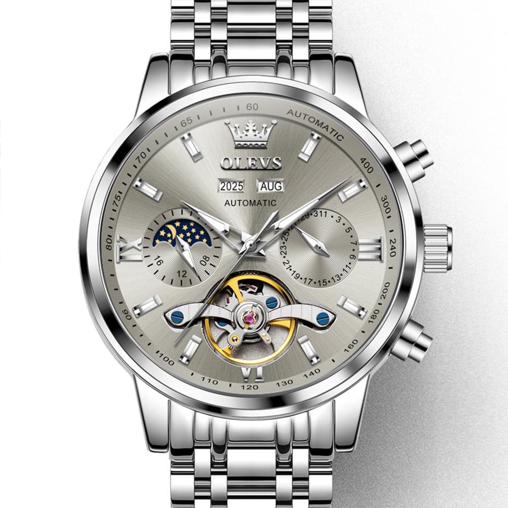 OLEVS 6740 Skeleton Flywheel Mechanical Watch for Men - Two Tone White Watch | Olevs Watch Store