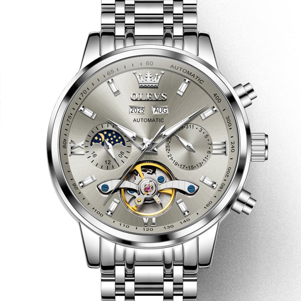 OLEVS 6740 Skeleton Flywheel Mechanical Watch for Men - Two Tone White Watch | Olevs Watch Store