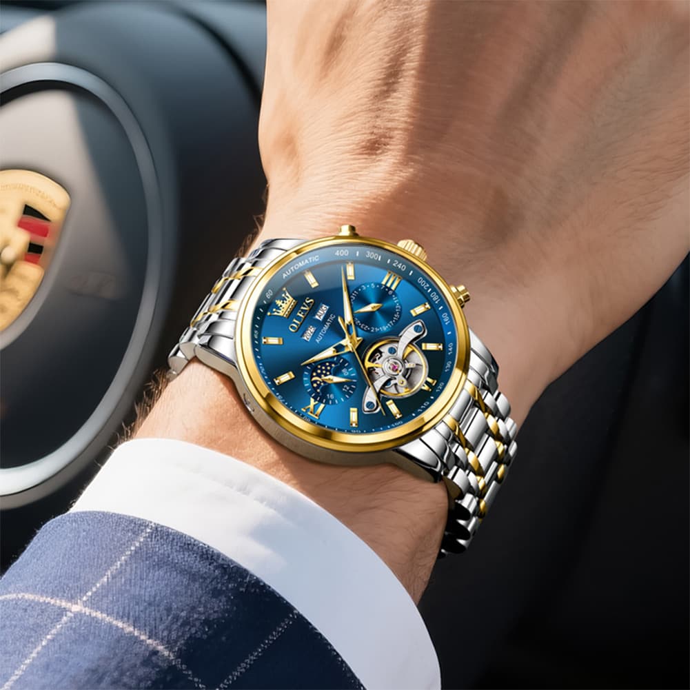 OLEVS 6740 Skeleton Flywheel Mechanical Watch for Men - Two Tone White Watch | Olevs Watch Store